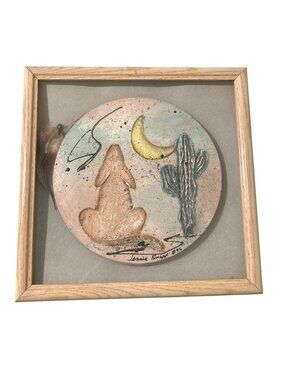 Vintage Mixed Media Southwestern Painting With Coyote Saguaro Cactus And Moon